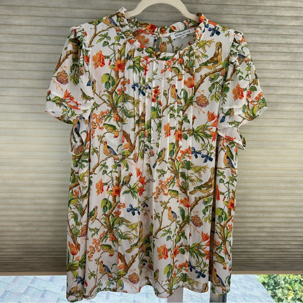 Rose & Olive Multicolor Floral Bird Print Blouse Boho Office Spring Mature